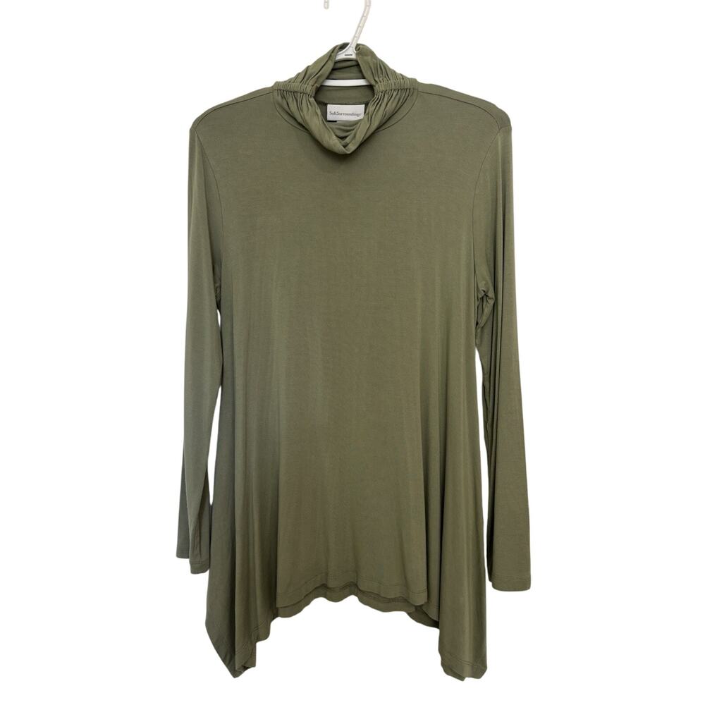 Light Green Cowl Neck Asymmetrical Shark Bite Hem Long Sleeve Stretch Top MP